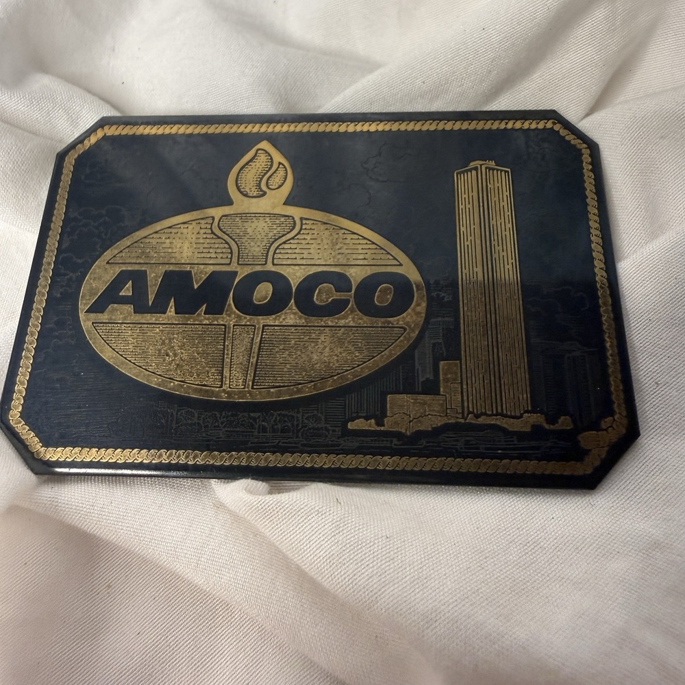 Vintage Brass Logo Amoco Gas Oil Belt Buckle Black Gold Face Only Part Craft